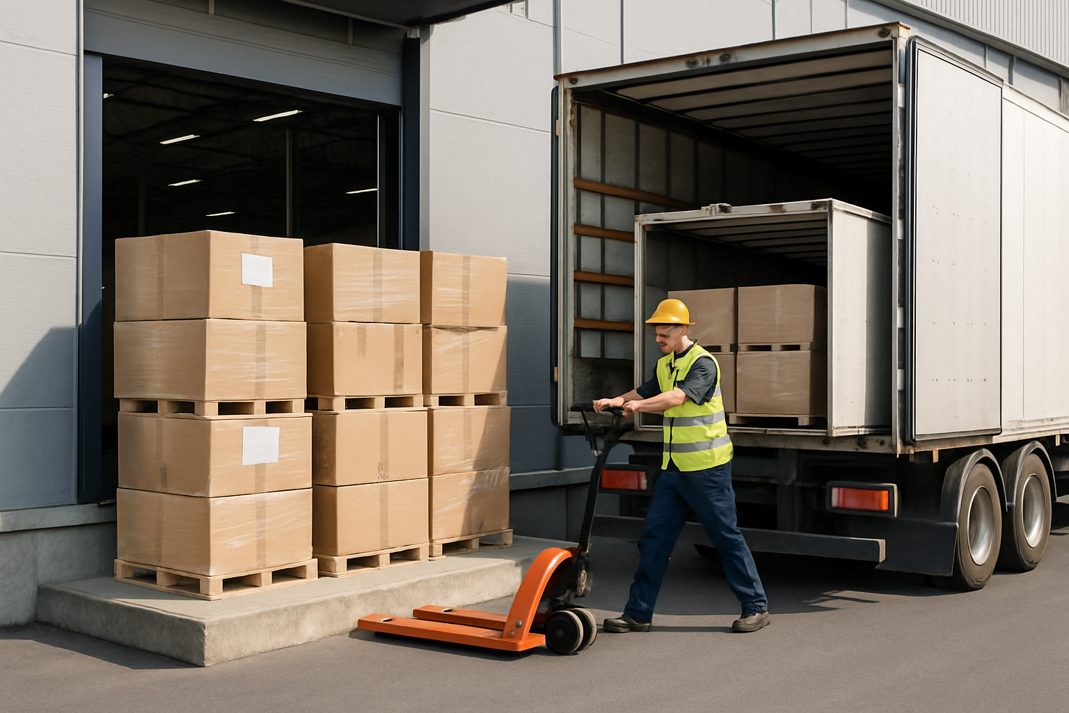 Freight being securely loaded onto a truck at a warehouse